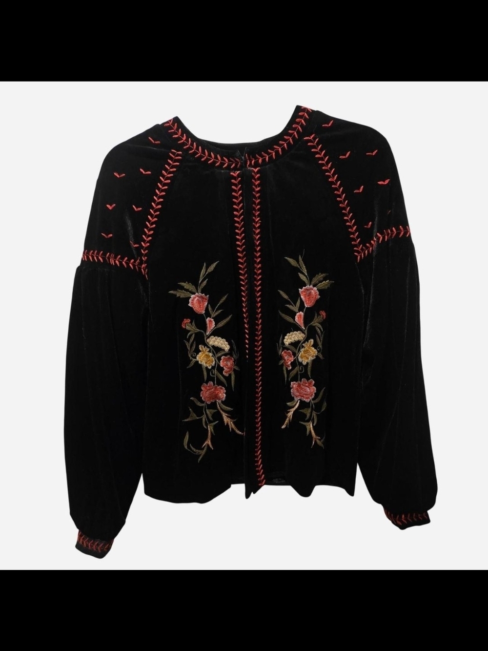 Anna Cai Black Velvet Embroidered Floral Jacket with Red Stitching Size M
